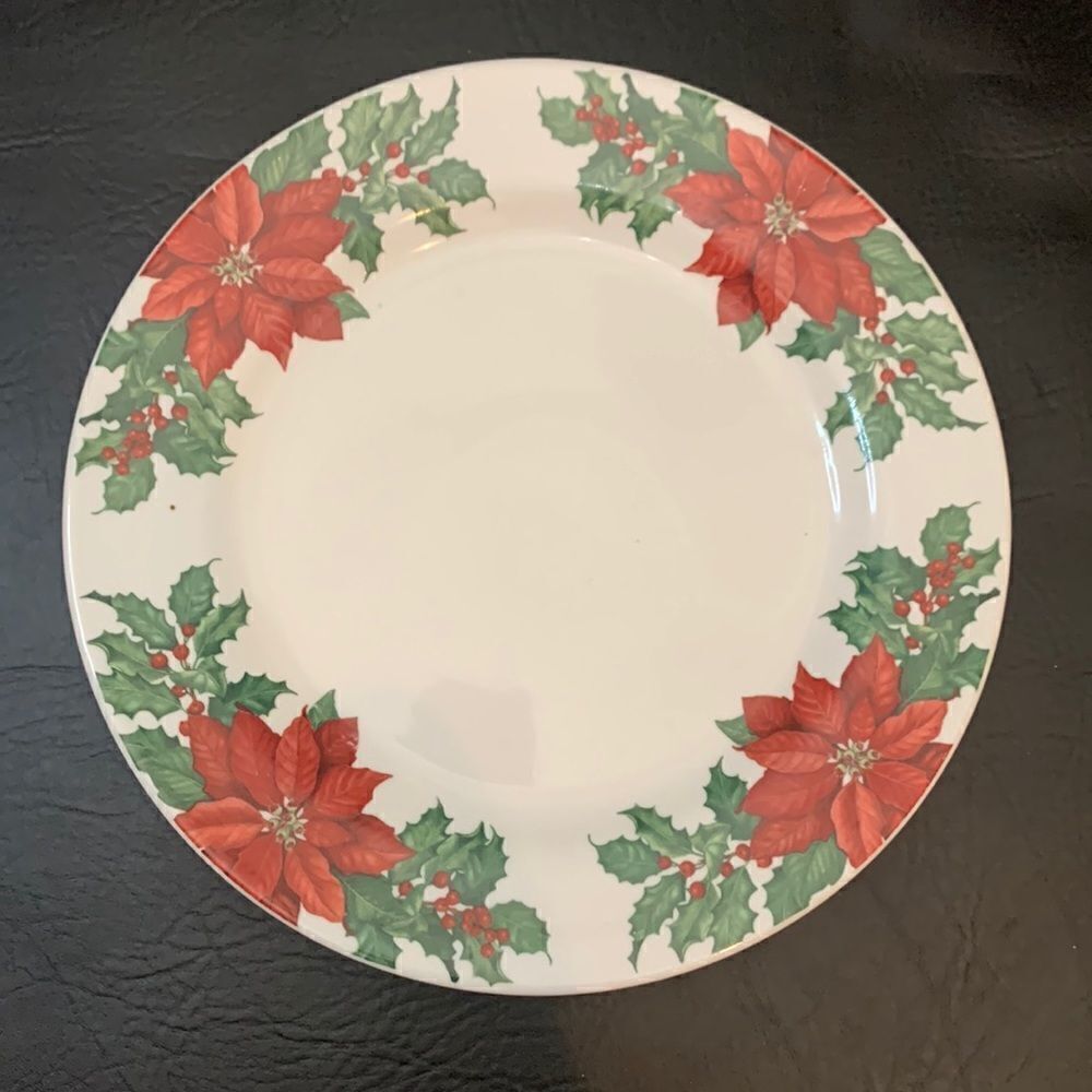 Hallmark Poinsettia Christmas Dinner Plate 10 1/2 Inches Round Red Green White